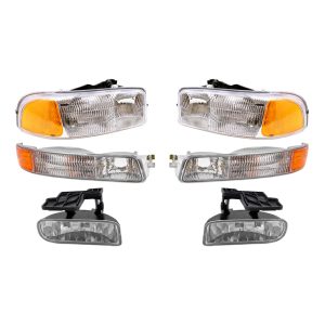 Brock Replacement Driver and Passenger Side Halogen Combination Headlight Assemblies, Fog Light Assemblies & Signal Marker Light Units 6 Piece Set Compatible with 99-02 Sierra & 00-06 Yukon & Yukon XL