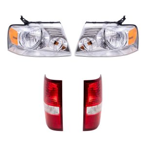 Brock Aftermarket Replacement Driver Left Passenger Right Halogen Combination Headlight Assemblies with Chrome Bezel and Styleside Tail Light Units 4 Piece Set Compatible with 2004-2008 Ford F-150